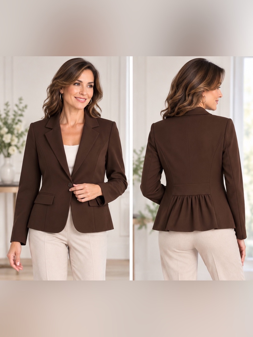 NWT Susan Lucci Tailored Blazer Size 10 Brown Stretch Ruffle Back Jacket